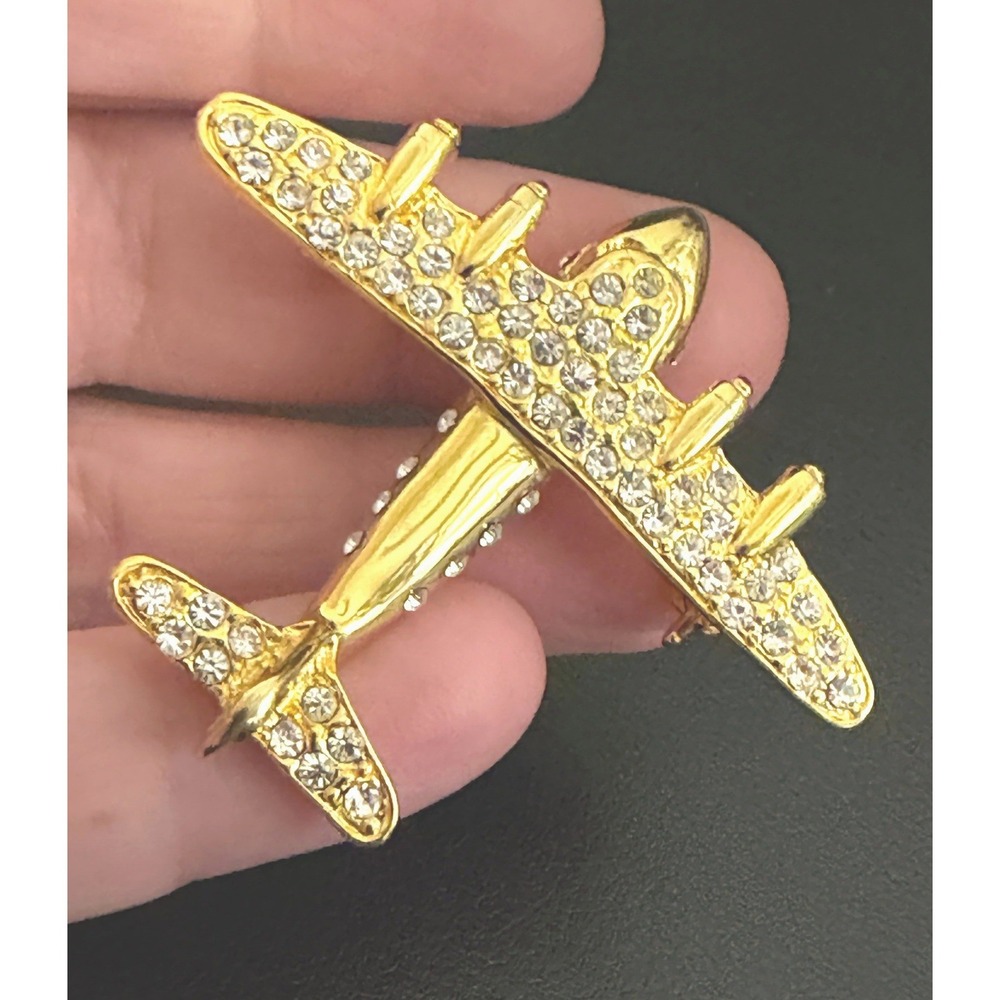 Vintage Airplane Rhinestone Brooch Gold Tone